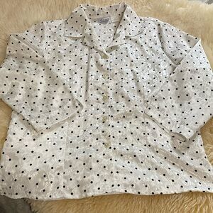 White with black poka dot button up shirt